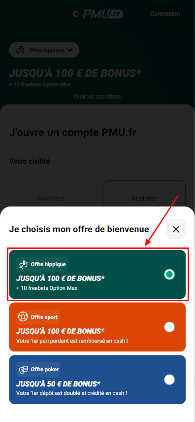 اختيار المكافأة الترحيبية على موقع PMU أثناء مرحلة التسجيل الأولى