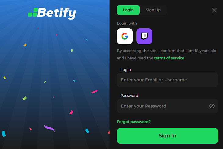 نموذج تسجيل الدخول إلى Betify